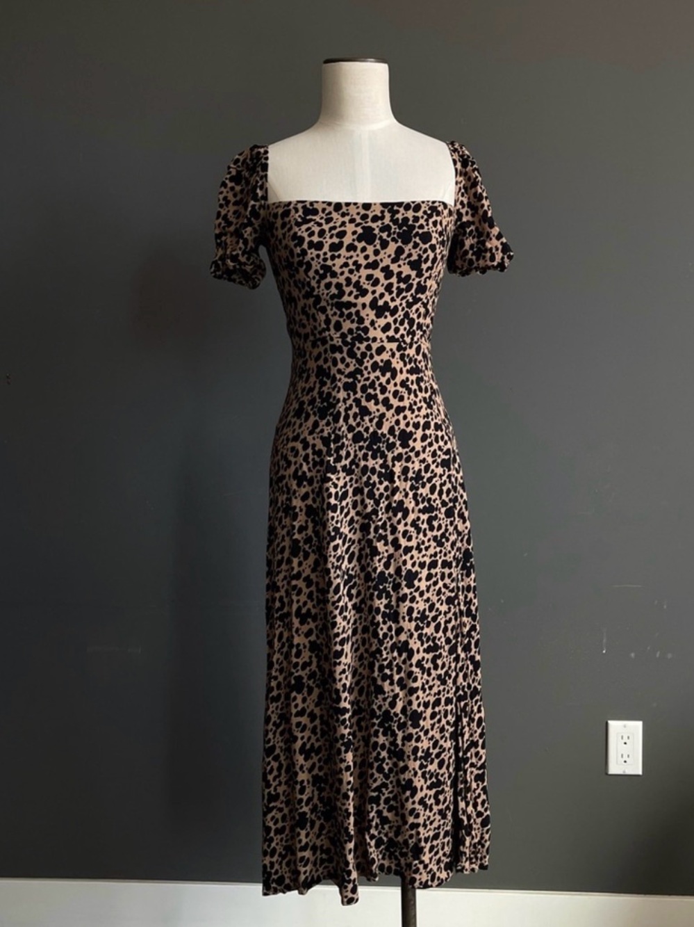 Reformation Beige and Black Leopard Square-Neck Midi Dress XS